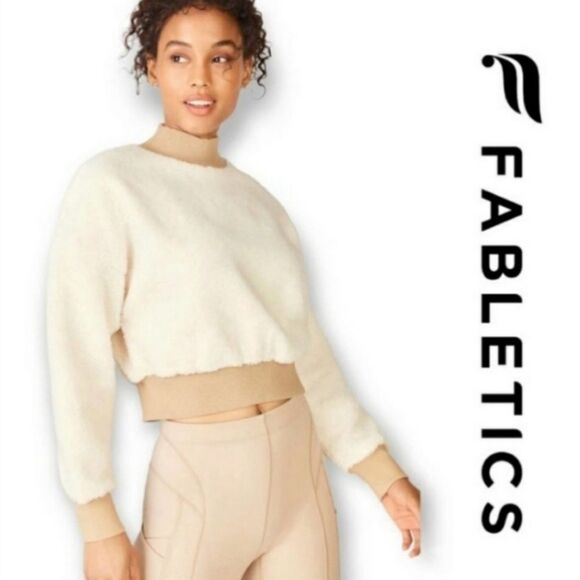 Fabletics Malia Polar Fleece Cream Mocha Tan Crew Crop Top Sweater Size 1X - Picture 2 of 16